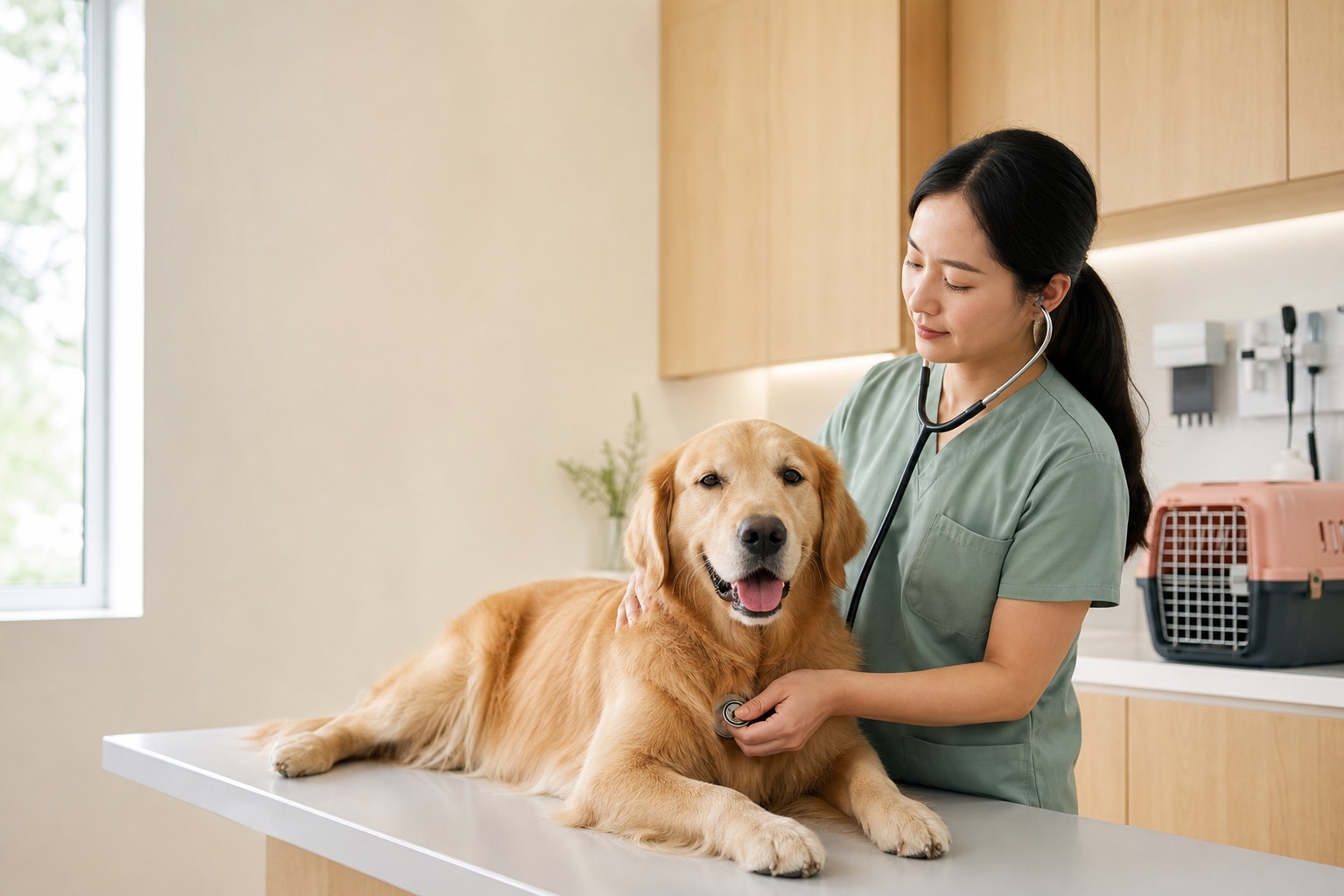 兽医在明亮诊室内为金毛犬进行听诊